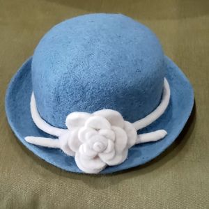 Blue Wool Bowler Hat w/White Wool Bow
